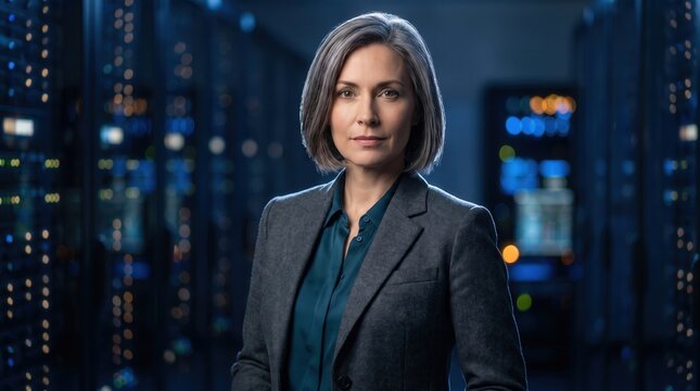 Professional woman executive standing in high-tech data center capturing leadership in cloud computing and cyber security for corporate IT services and network management design.