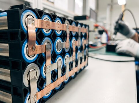 Close-up of a modular lithium-ion battery pack with copper busbars on an assembly workbench, with a technician working in a modern manufacturing lab.