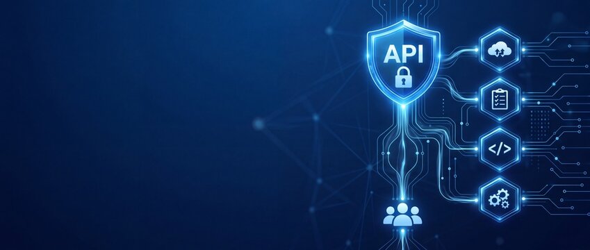 Secure API Management Concept Featuring Digital Shield and Lock Icon with Cloud Data Programming Code and Automation Gears Representing Application Programming Interface Security Integration