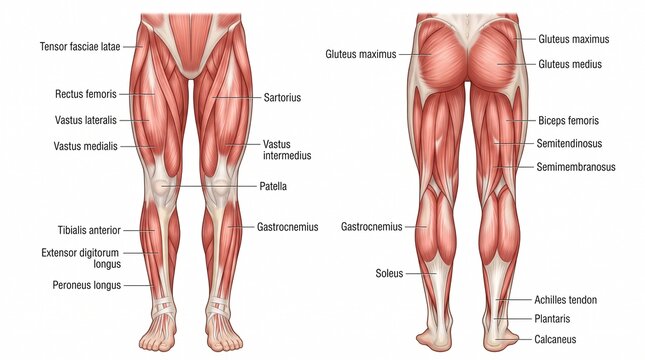 Human leg muscle anatomy diagram showing labeled views
