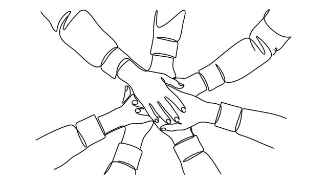 A continuous line art illustration of multiple hands stacked together in a circle symbolizing teamwork unity and collaboration.