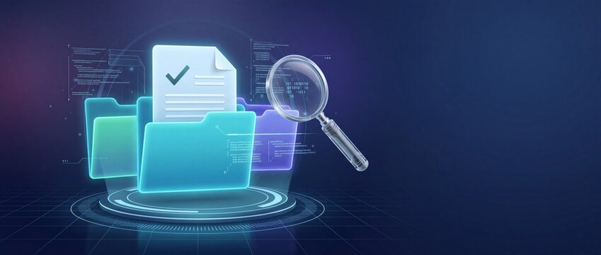 Digital document management and data search concept featuring 3D glowing folders, a magnifying glass, and a verified checkmark icon on a high-tech blue grid background for business data audit.
