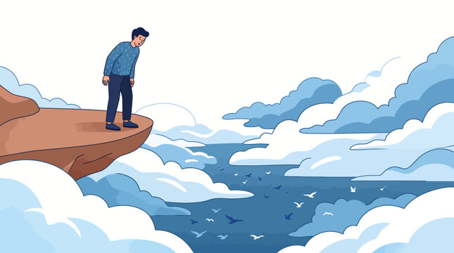 Man standing on a cliff edge looking down into the clouds