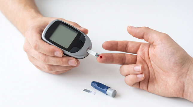 Medical professional monitoring blood glucose levels using digital diagnostic equipment finger stick procedure health clinic.