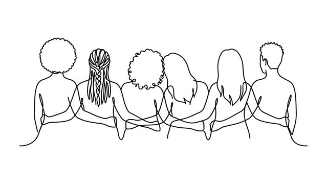 Line drawing of six diverse people standing together with arms around each others shoulders.