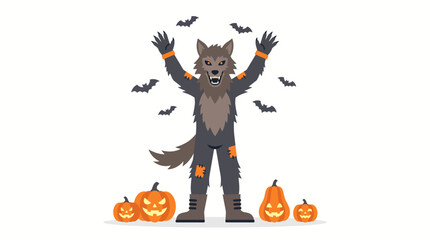 Fototapeta premium Werewolf character standing with raised arms near halloween pumpkins