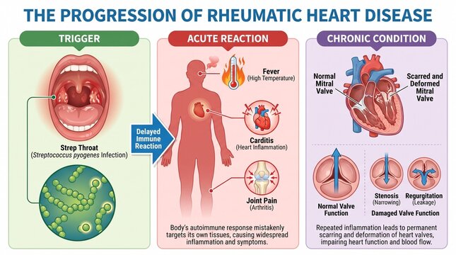 Medical infographic showing the progression of rheumatic heart disease