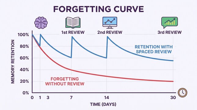 Forgetting curve graph showing memory retention and review intervals