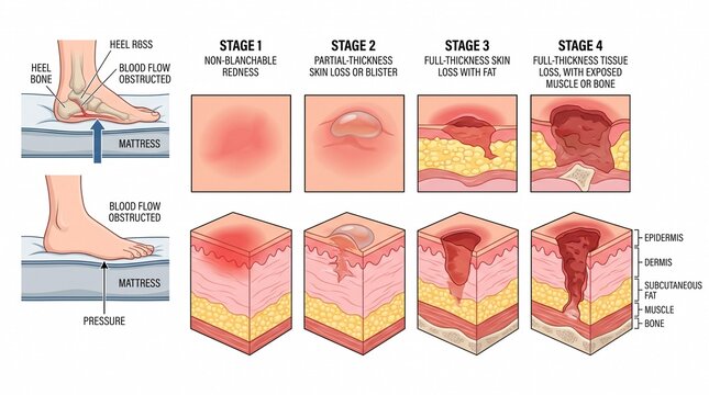 Pressure ulcer development stages and skin layer anatomy diagram