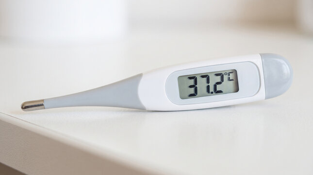 White and gray digital medical thermometer showing a temperature of 37.2 degrees celsius on white table.
