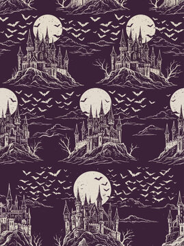 Haunted Castle Silhouette on Moonlit Hills with Bats