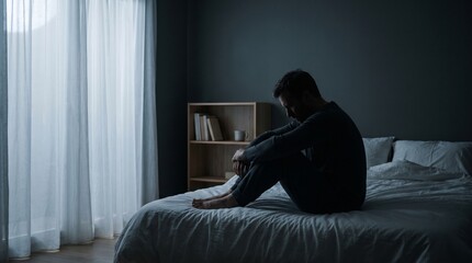 Fototapeta premium Loneliness and Emotional Wellbeing Concept with Man Sitting Alone on Bed in Quiet Dark Bedroom Interior