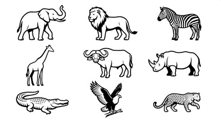 Obraz premium Zimbabwe African Wildlife Black and White Vector Icon Set