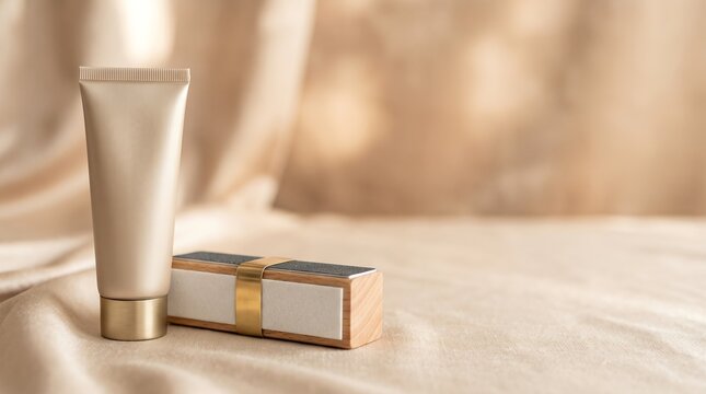 cosmetic cream tube with wooden nail buffer on beige silk fabric spa concept