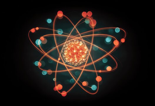 Atomic structure, glowing orbits,  abstract representation