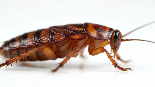 Macro shot of a brown cockroach crawling on white background