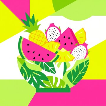 Colorful flat vector illustration of a bowl filled with tropical fruits.