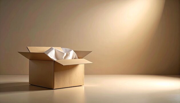 Open Cardboard Box with Tissue Paper in Minimalist Room