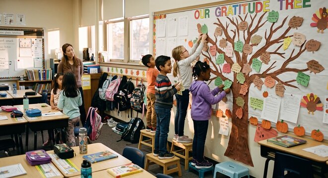 Elementary Students Creating a Classroom Wall of Gratitude for Thanksgiving