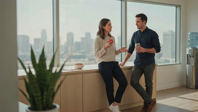 Two coworkers (30s) in an office breakroom, sharing an apple and nuts instead of vending machine snacks. Keywords: sstkWellness, office wellness, healthy snack, coworkers, break, healthy habits, 