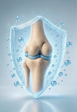 Blue hexagonal shield protecting a knee joint, representing orthopedic healthcare, cartilage support, synovial lubrication, anatomy, medical protection, mobility, treatment, and wellness.