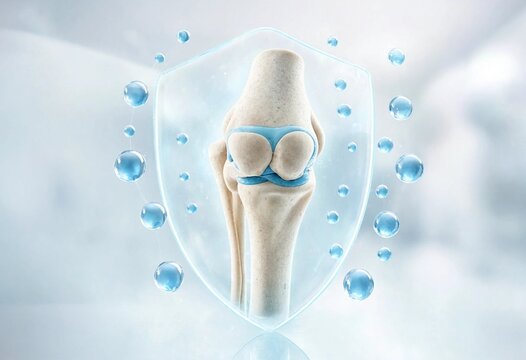 Blue hexagonal shield protecting a knee joint, representing orthopedic healthcare, cartilage support, synovial lubrication, anatomy, medical protection, mobility, treatment, and wellness.