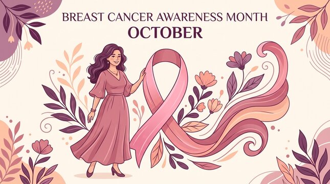 Breast cancer awareness month illustration with a woman standing next to a pink ribbon and floral elements, celebrating october health campaign
