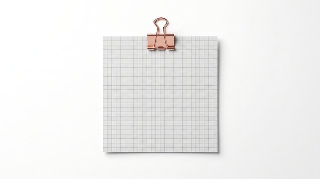 A square piece of white graph paper is held by a rose gold binder clip on a white wall.
