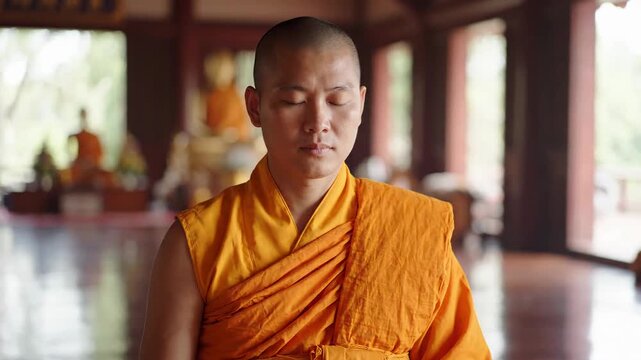 Buddhist monk in saffron robes meditating inside a temple