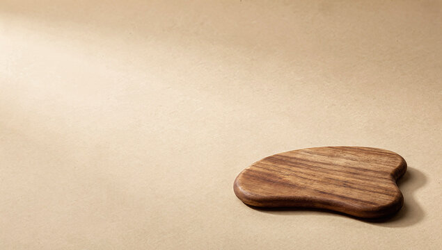 An irregular organic shaped wooden board or gua sha tool on a beige textured background