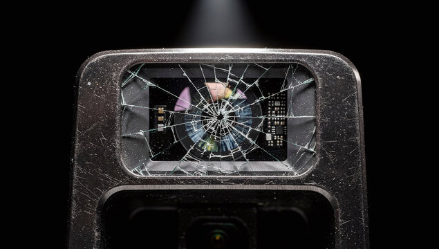 A broken cracked glass protective lens on a smartphone or camera device module
