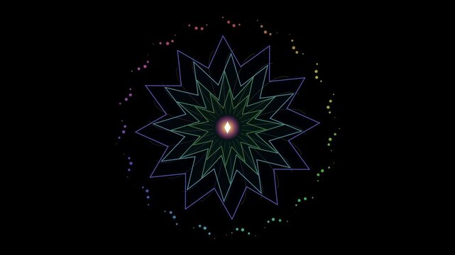 Abstract geometric star pattern rotating with glowing center and colorful dots background rotation animation motion graphics shape kaleidoscope mandala symmetry neon light energy psychedelic