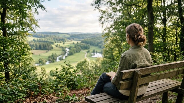 Back view of a person sitting on a park bench looking at a beautiful green valley landscape ideal for meditation apps, travel websites, and corporate wellness presentations