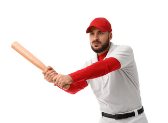 Baseball training and sports competition, young man holding wooden bat in batting stance for professional game preparation isolated on white background © Pixel-Shot