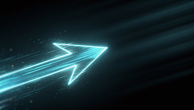 A glowing blue digital arrow moving fast forward with light trails and particles