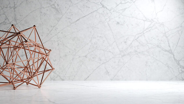 A geometric copper wireframe sculpture on a white marble background with space for text