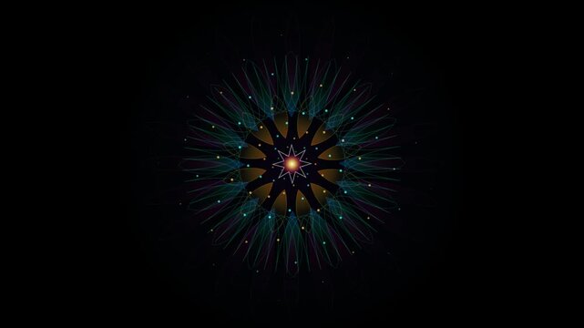 Abstract Glowing Geometric Mandala Animation on Dark Background glow pattern flower star kaleidoscope symetry motion graphics digital art neon colorful luminous futuristic particle light energy cosmos