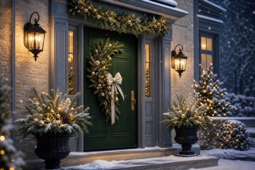 Fototapeta premium Elegant Christmas doorway with wreaths, lanterns, and snow