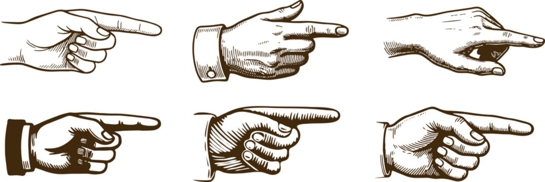 Vintage pointing hand vector collection with engraved index finger gestures and manicule directional symbols for navigation design