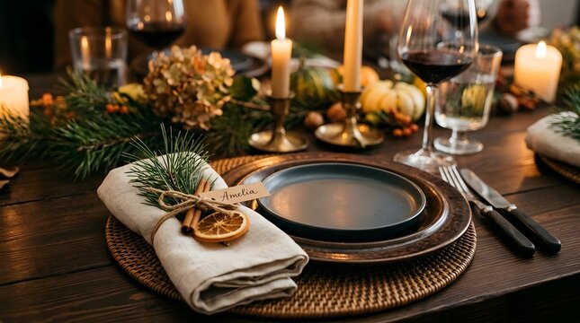 A beautifully set holiday table radiates warmth and elegance featuring candlelight fine china and lush greenery creating a magical christmas atmosphere for a