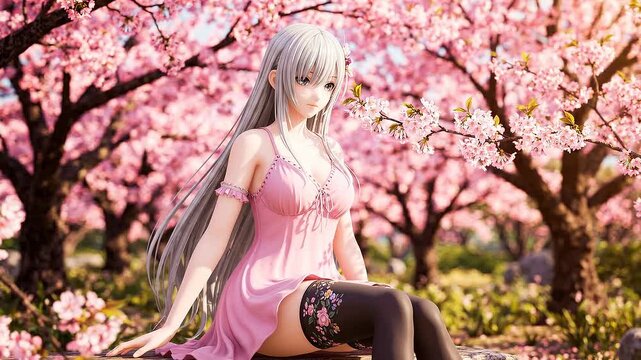 3d anime girl sitting under blooming cherry blossom trees in a park