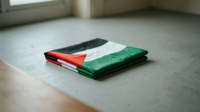 A folded flag with black white green and red stripes on floor