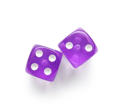 Purple game dices on white background