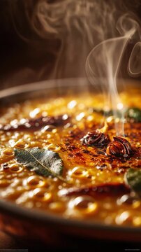 Hot steaming traditional indian food dal tadka simmering in a bowl with spices and herbs