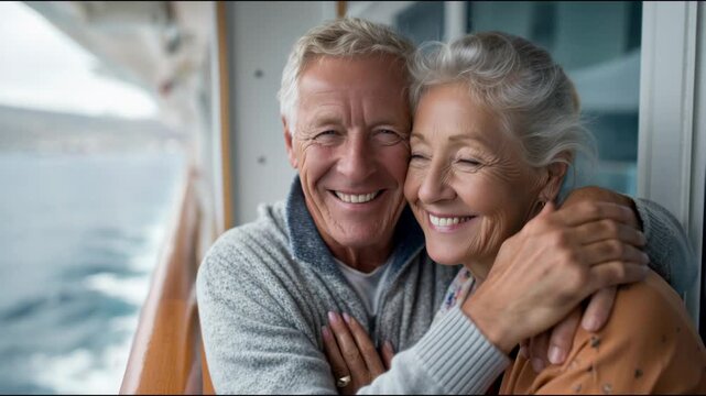 Happy elderly couple embracing and kissing while on a cruise ship enjoying their retirement vacation