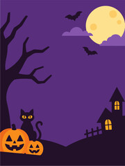 Fototapeta premium Spooky Halloween Night Scene with Jack O Lanterns, Black Cat, Bats and Haunted House
