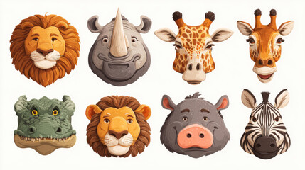 Fototapeta premium Set of cute cartoon safari animal faces including lion, rhino, giraffe, crocodile, hippo, and zebra
