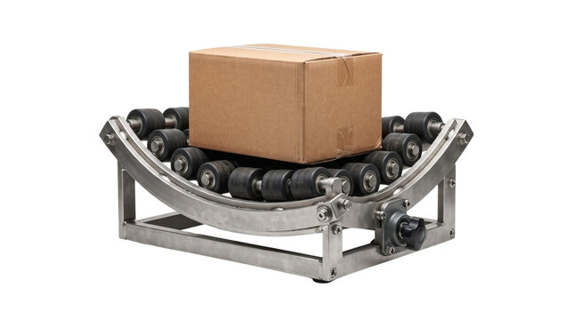 Industrial roller conveyor system with cardboard box, automated logistics machinery for warehouse shipping, metal parcel sorting equipment on white background