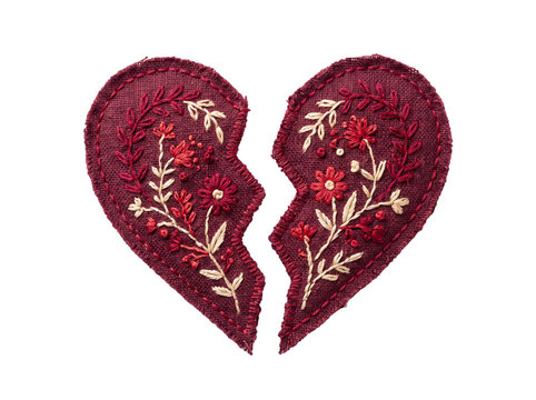 Embroidered broken heart design with floral stitching on transparent background