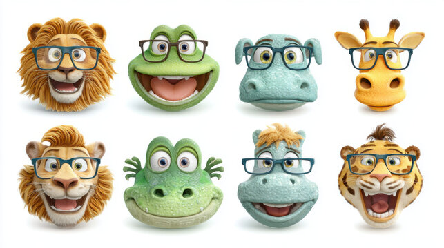 Funny and cute 3D cartoon animal heads wearing glasses set isolated on white background